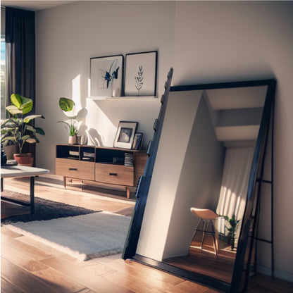 A large floor-length leaning mirror with a black frame stands in a modern living room next to a wooden cabinet, reflecting a chair and room details.