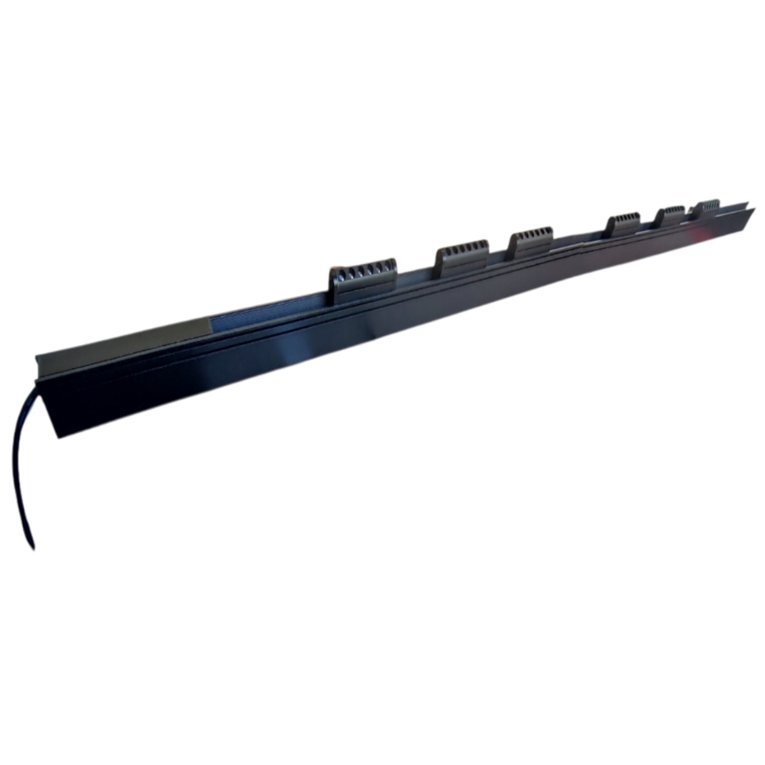 A long, narrow black metal fixture or channel with multiple integrated rectangular components along its top edge, shown on a plain white background.