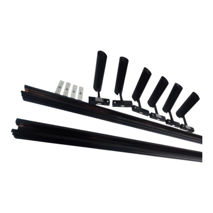Black window track profile rails with black rubber weatherstrips and small silver metal fasteners, shown on a plain white background.