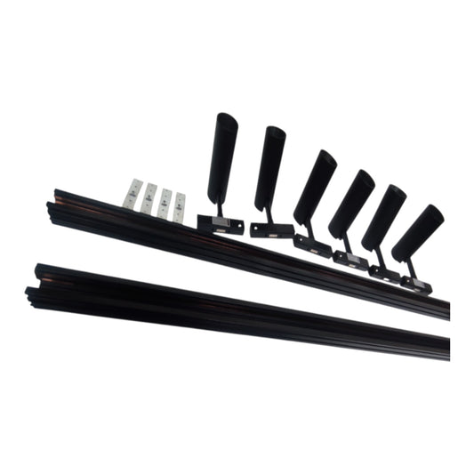 Black window track profile rails with black rubber weatherstrips and small silver metal fasteners, shown on a plain white background.