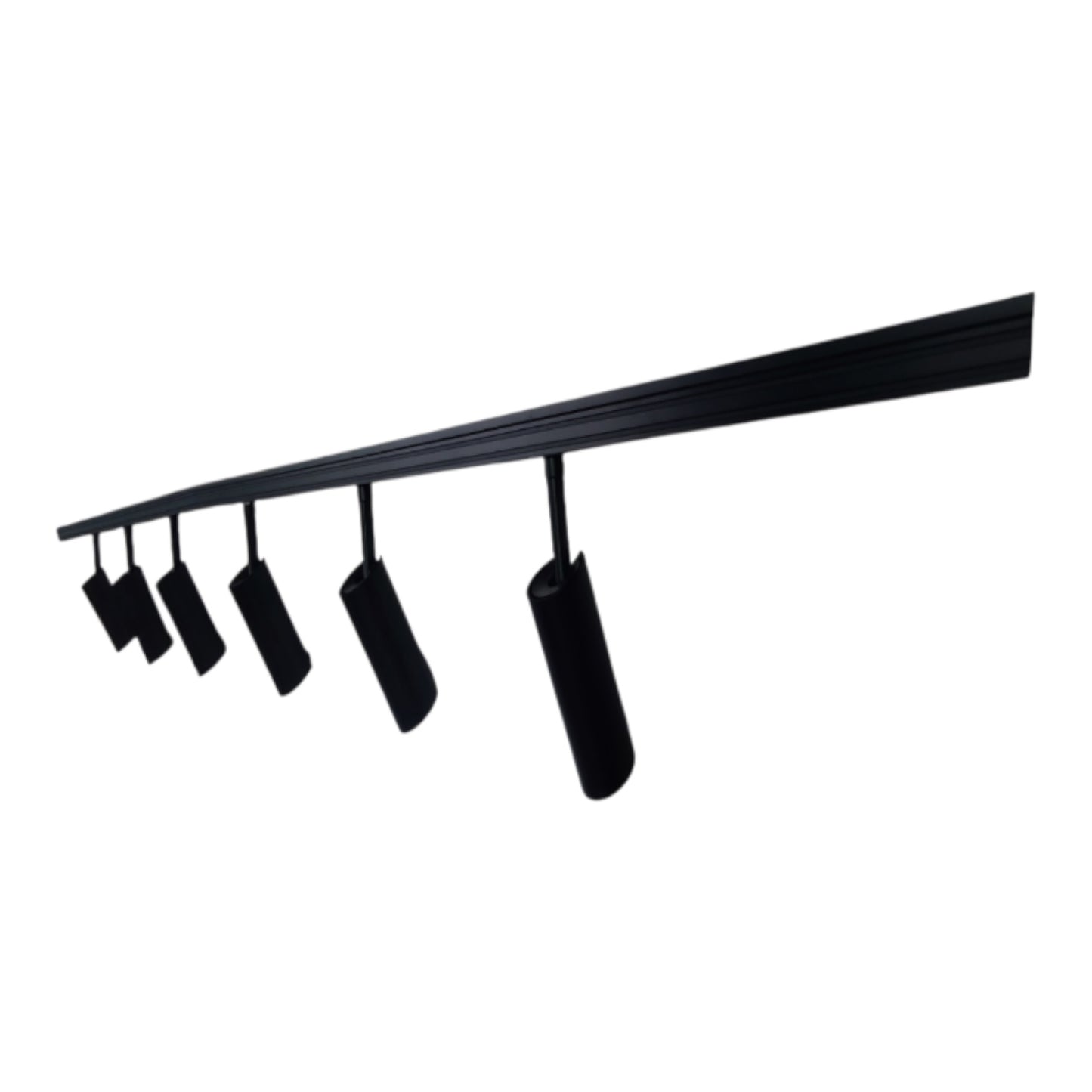 A black linear track lighting fixture with five adjustable cylindrical spotlight heads, shown against a solid white background.