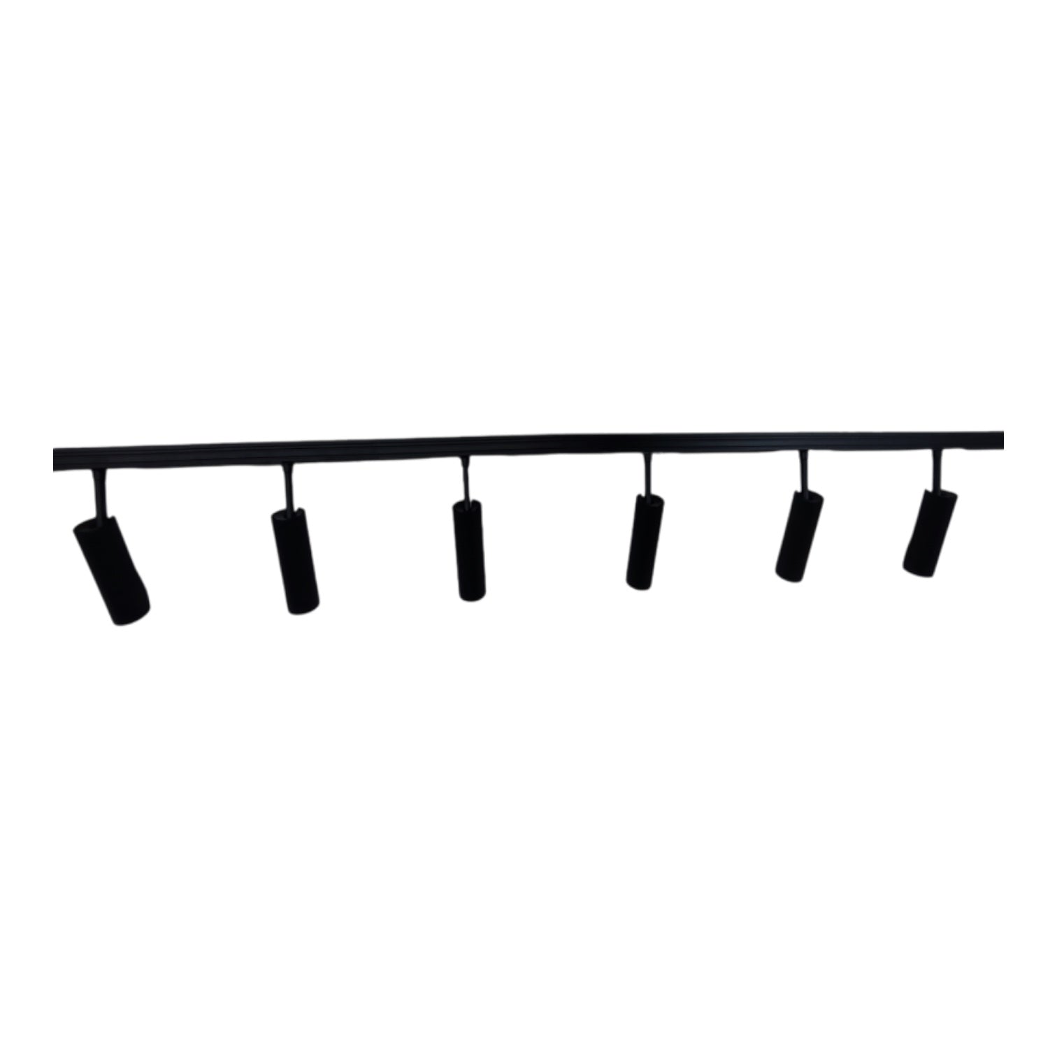 A black linear track light fixture with five adjustable cylindrical spotlight heads, shown against a plain white background.