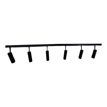 A black linear track light fixture with five adjustable cylindrical spotlight heads, shown against a plain white background.