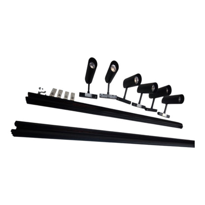 Black linear track lighting system with five adjustable spotlight heads, mounting hardware, and two long track sections on a plain white background.