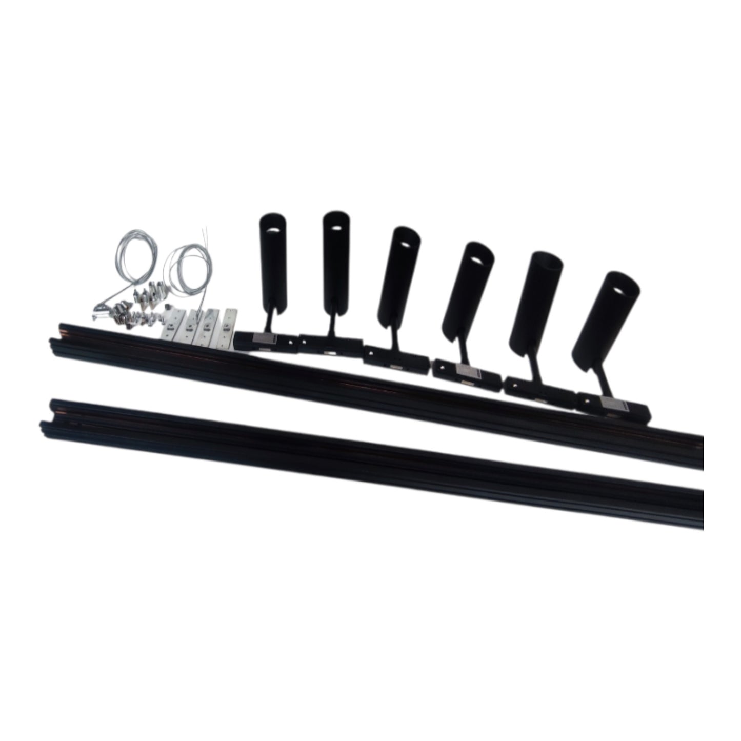 Black metal window track hardware set with six mounting brackets, two long track pieces, and small silver hardware components, shown on a plain white background.