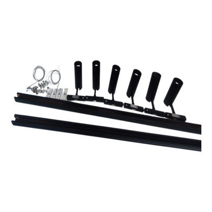 Black metal window track hardware set with six mounting brackets, two long track pieces, and small silver hardware components, shown on a plain white background.