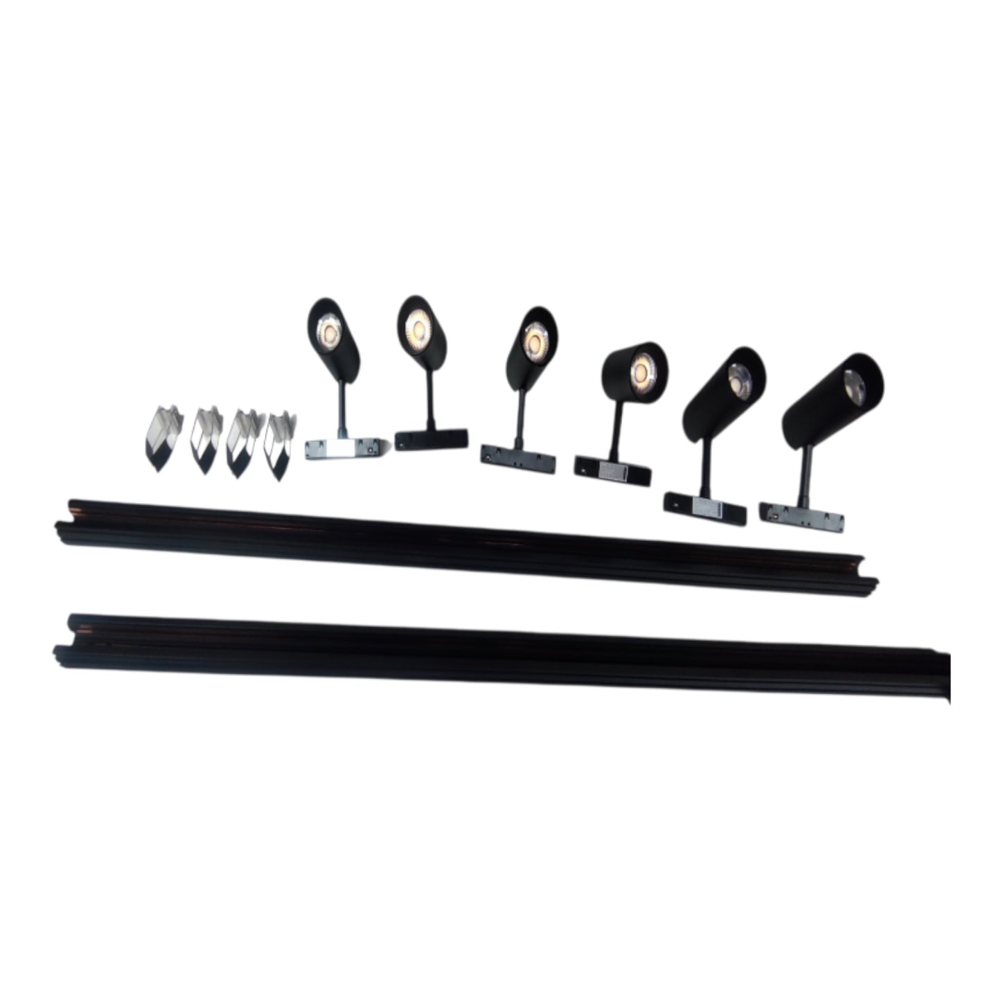A set of black track lighting fixtures with adjustable heads, two long mounting rails, and several silver mounting clips, arranged on a plain white background.