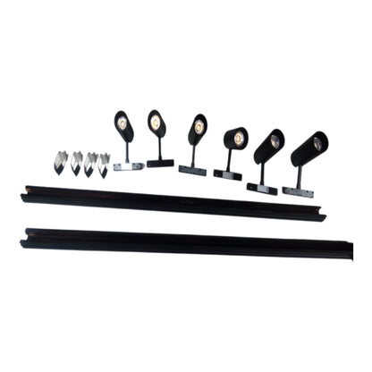 A set of black track lighting fixtures with adjustable heads, two long mounting rails, and several silver mounting clips, arranged on a plain white background.