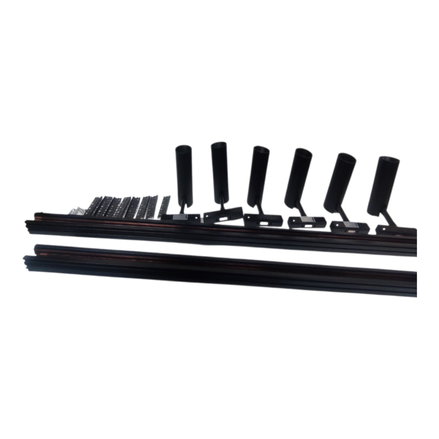 Black window track system components, including rails, clips, and roller arms, arranged on a plain white background.