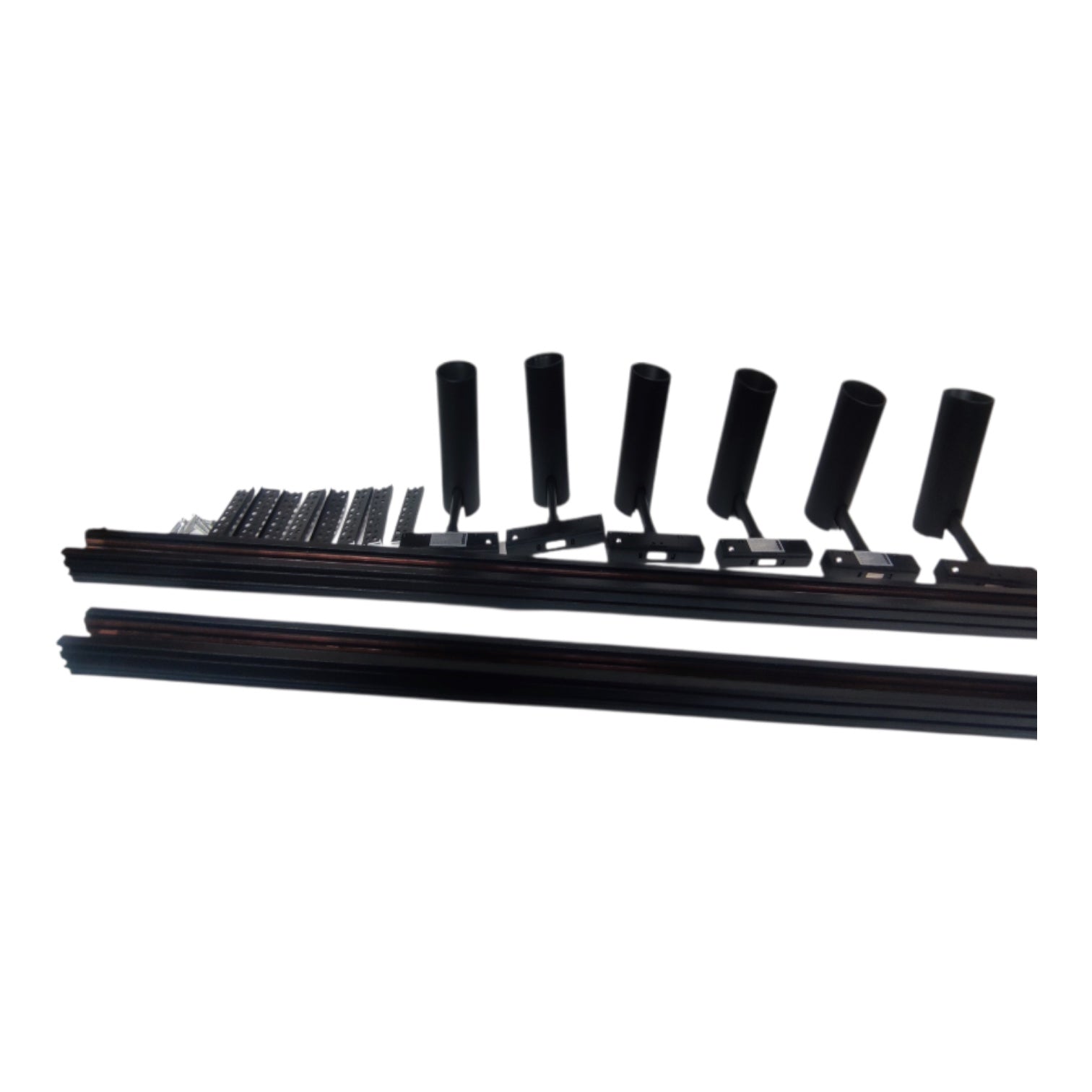 Black window track system components, including rails, clips, and roller arms, arranged on a plain white background.