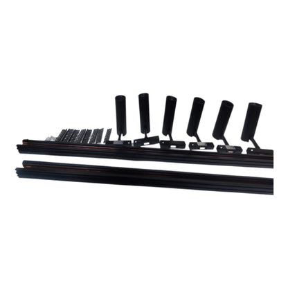 Black window track system components, including rails, clips, and roller arms, arranged on a plain white background.