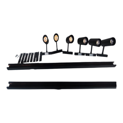 A set of black track lighting fixtures with multiple adjustable spotlight heads, mounting brackets, and two long black rails, displayed on a plain white background.