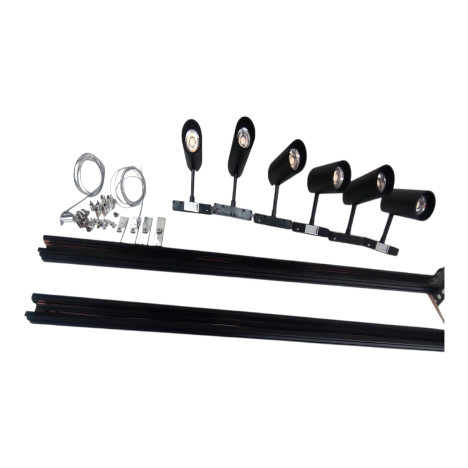 A 5-light track lighting kit with black aluminum rails, adjustable track heads, mounting hardware, and wiring, displayed on a solid white background.