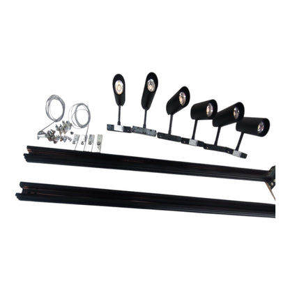 A 5-light track lighting kit with black aluminum rails, adjustable track heads, mounting hardware, and wiring, displayed on a solid white background.