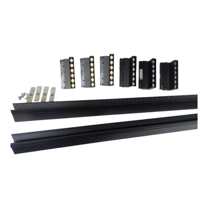 Black metal track profiles with integrated LED light strips, shown with mounting brackets and screws on a plain white background.