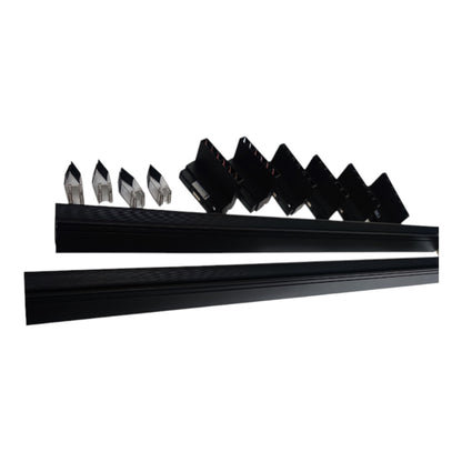 Black metal track profiles with multiple silver and black mounting brackets shown on a plain white background.