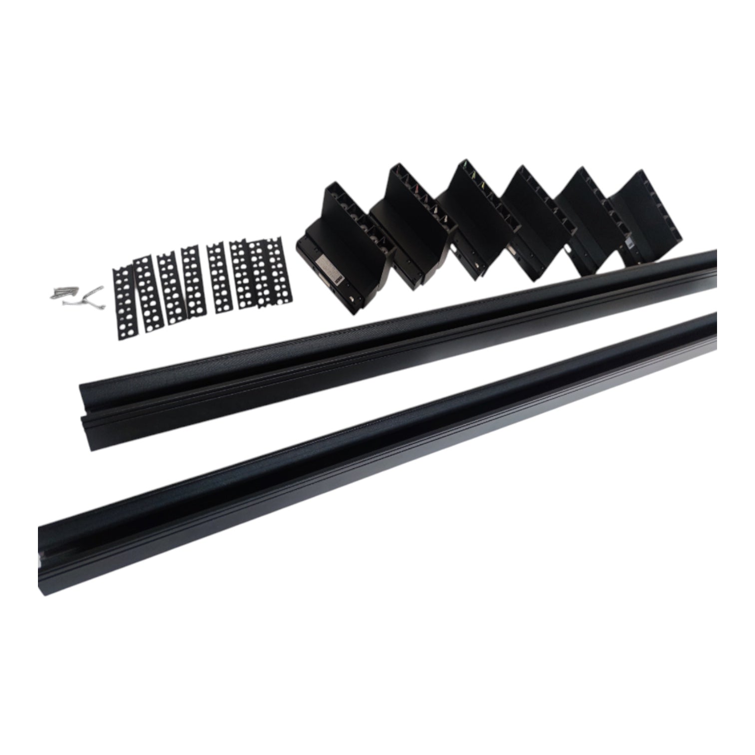 Black linear channel kit with mounting brackets and screws, shown on a plain white background.