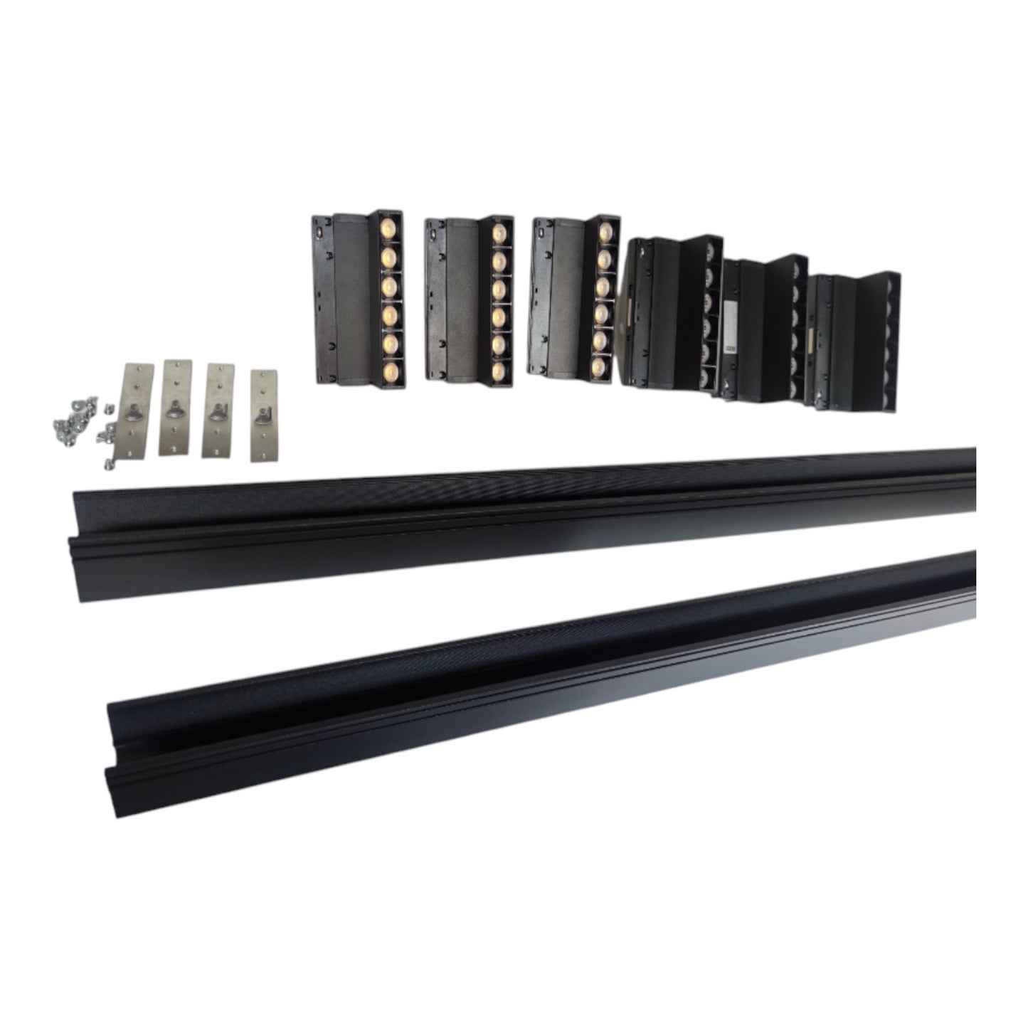 Black metal track lighting kit components on a white background, including two long rails, multiple junction boxes with multiple LED light modules, and mounting brackets with screws.