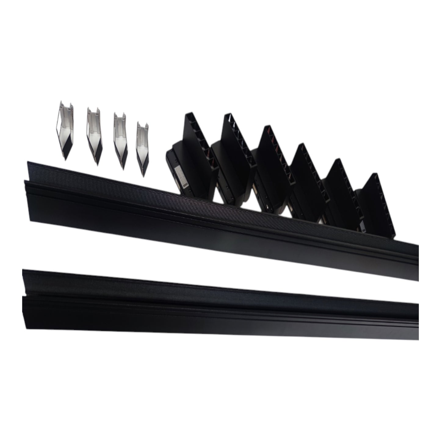 Black linear LED track lighting fixture components shown on a white background, including two long rails, several angled reflector plates, and four clear lens pieces.