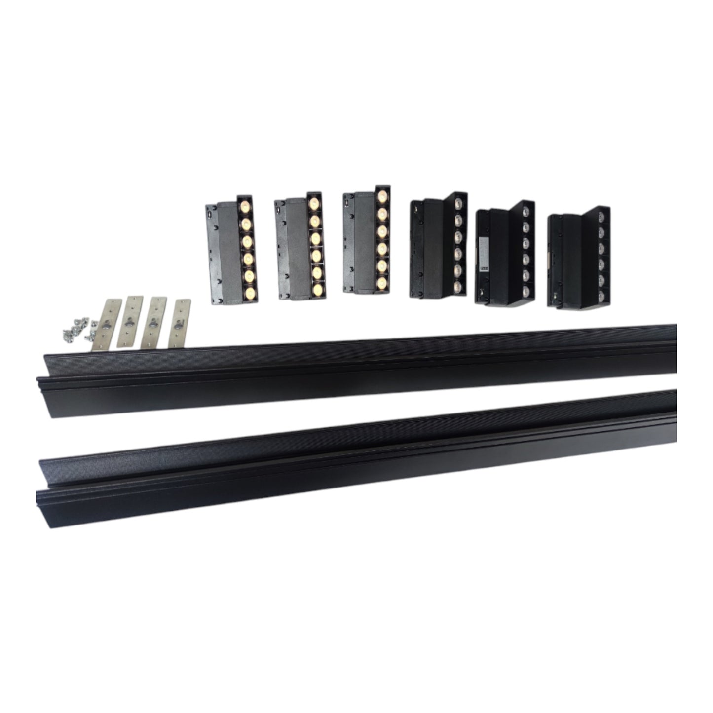 Black metal track profiles with integrated LED light strips, shown with mounting brackets and screws on a plain white background.