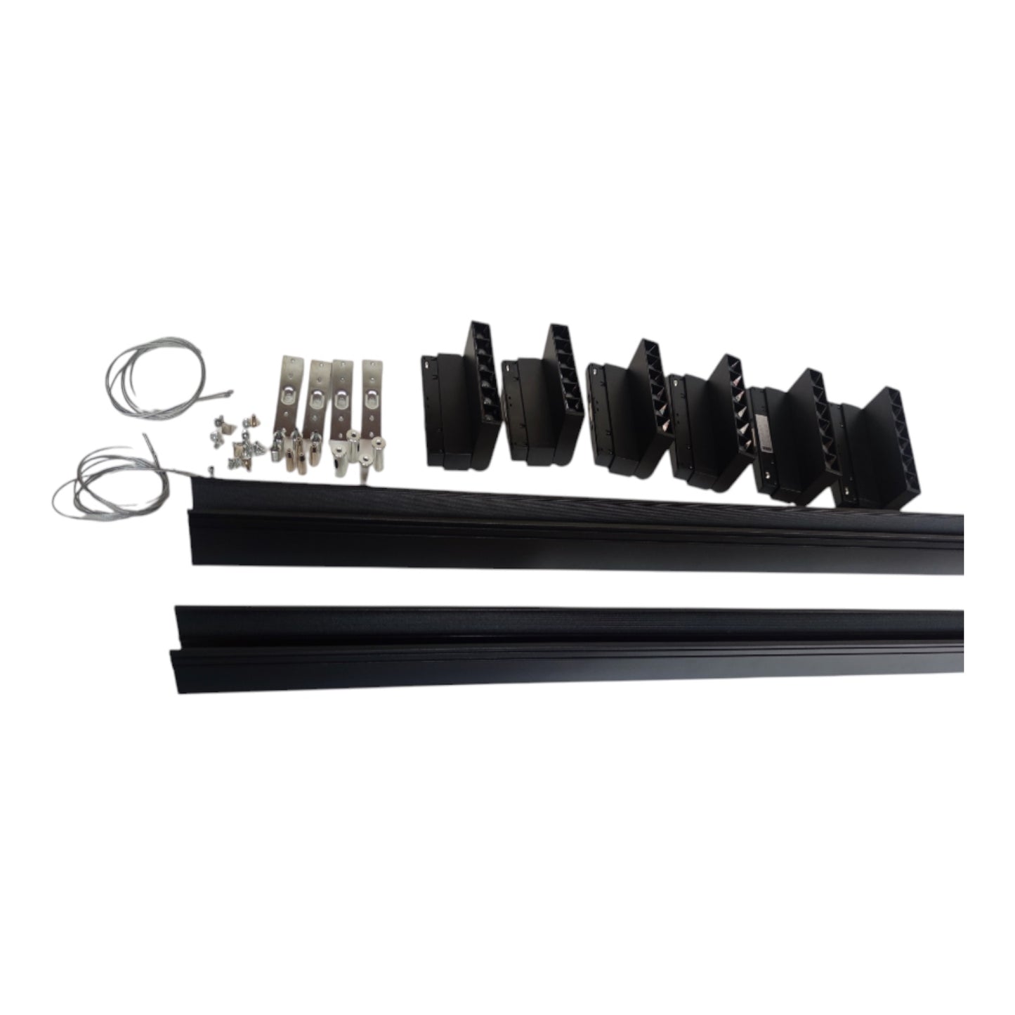 Black metal track system kit with two long black rails, several black mounting brackets, silver metal clips, and two coiled wire cables, arranged on a plain white background.