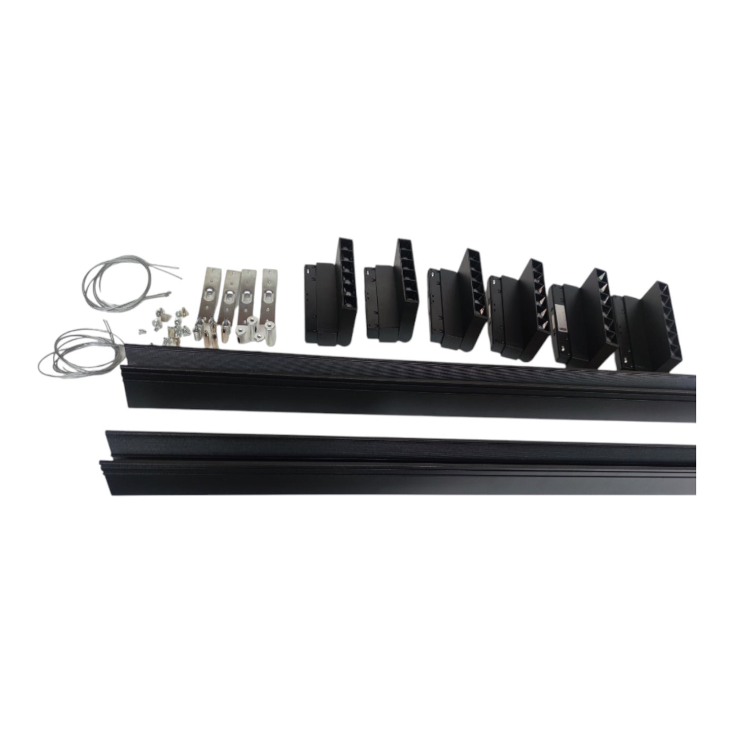 Black metal track system kit with two long rails, several black mounting brackets, silver hardware, and two coiled wire cables, arranged on a plain white background.
