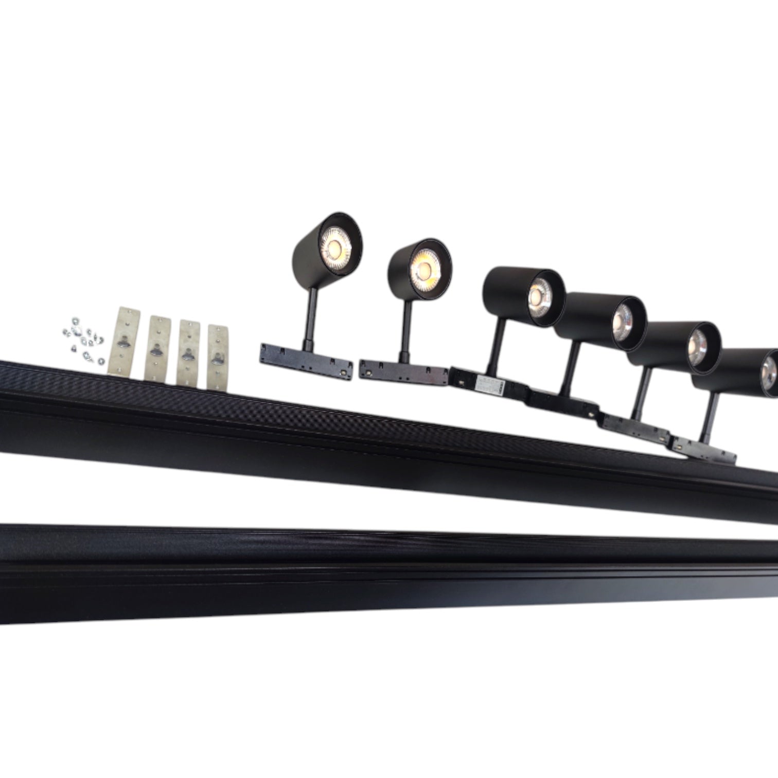 Black LED track lighting fixture with five adjustable spotlight heads mounted on a black metal rail, shown with mounting brackets and screws on a white background.