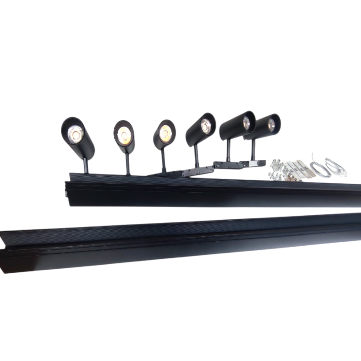 Black linear track lighting system with six adjustable spotlight heads, mounting brackets, and silver hardware on a white background.