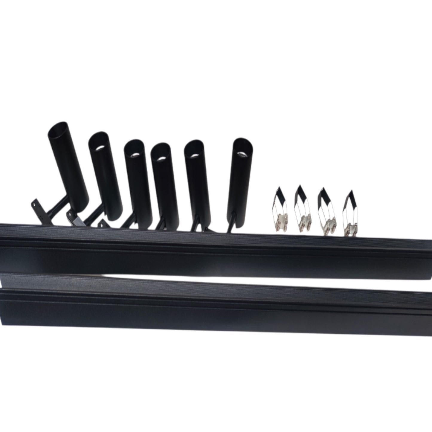 Black metal window screen frame accessories, including six mounting sleeves and four silver metal clips, shown on a plain white background.