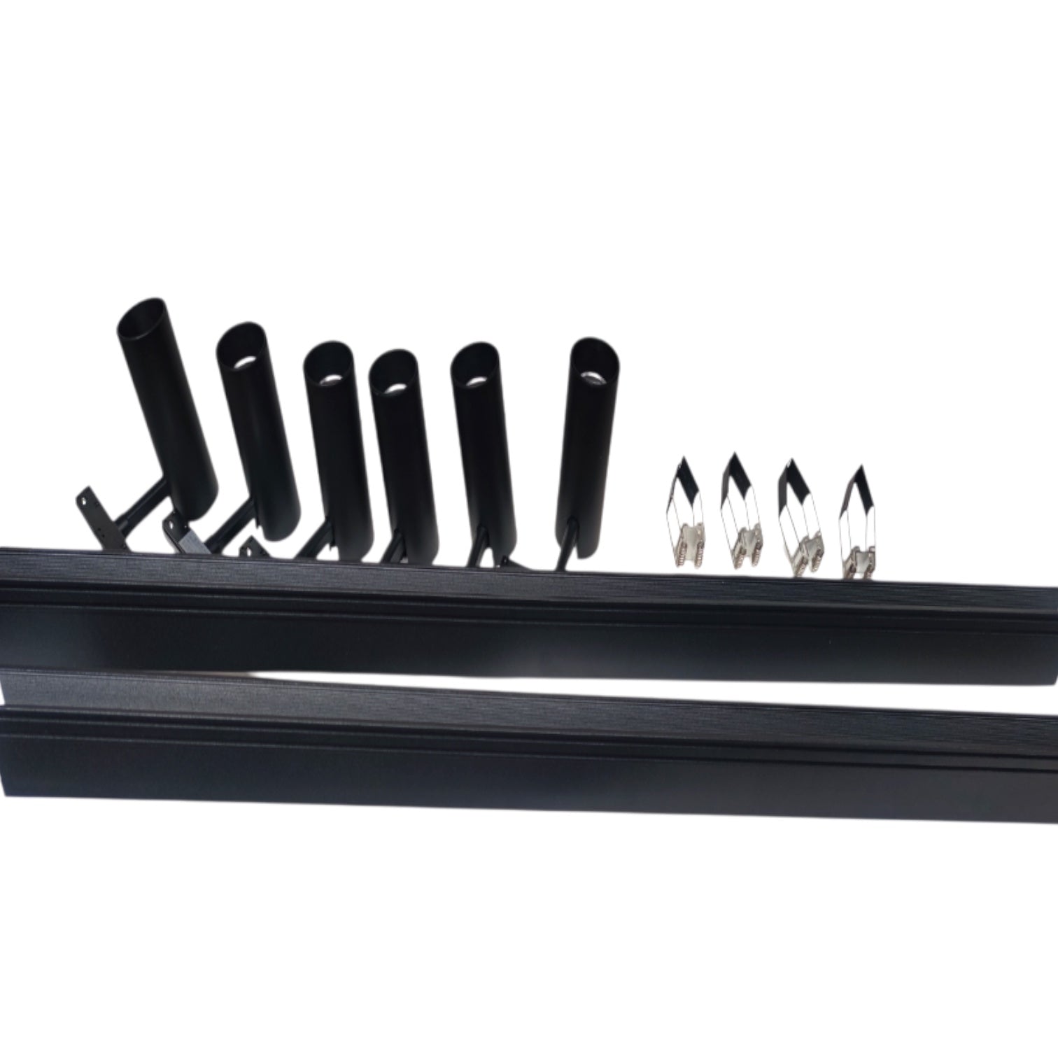 Black metal window screen frame accessories, including six mounting sleeves and four silver metal clips, shown on a plain white background.