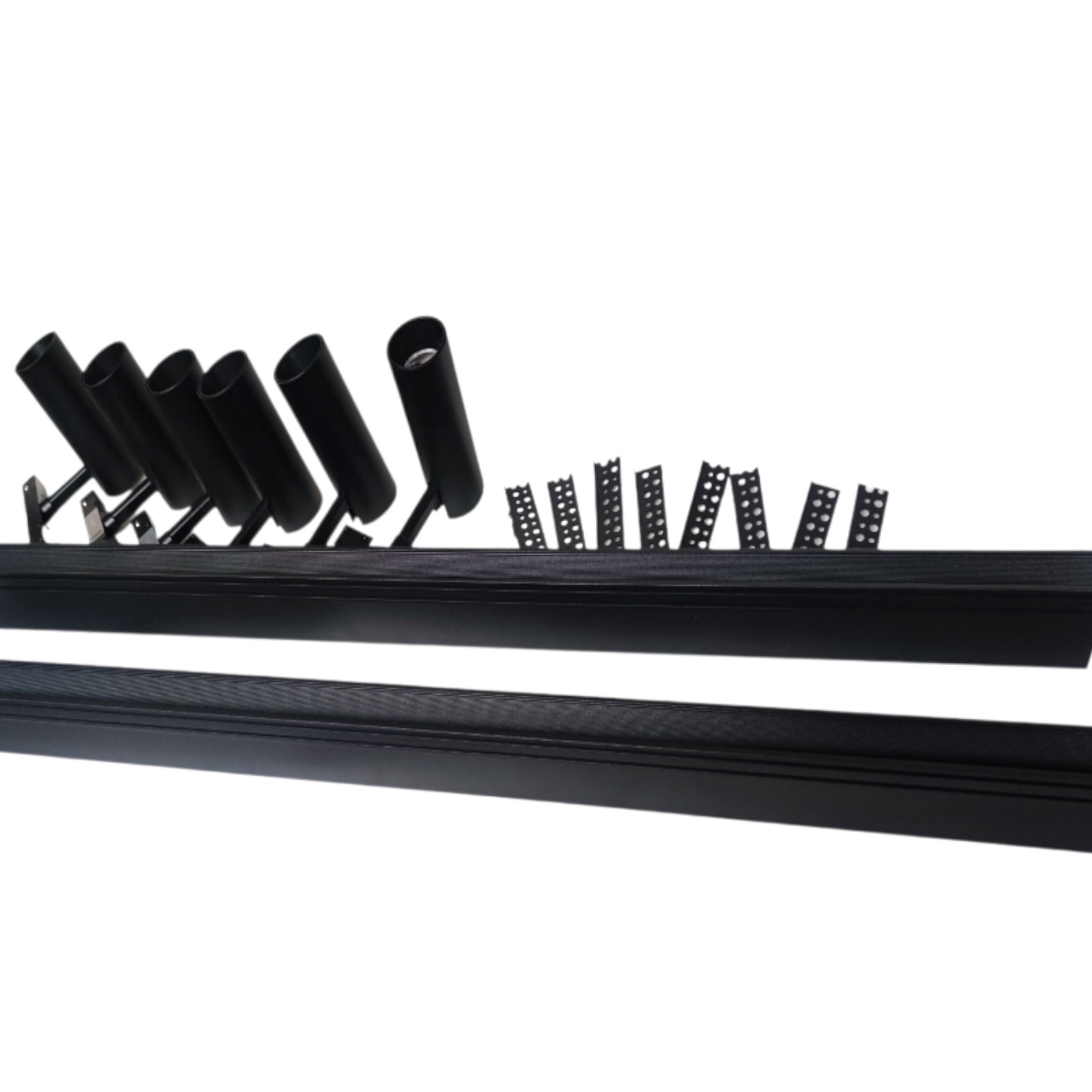 Black linear channel with multiple cylindrical roller arms and mounting brackets shown on a plain white background.