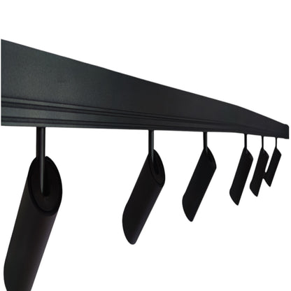 A black linear ceiling track light fixture with five adjustable cylindrical spotlight heads, shown against a plain white background.