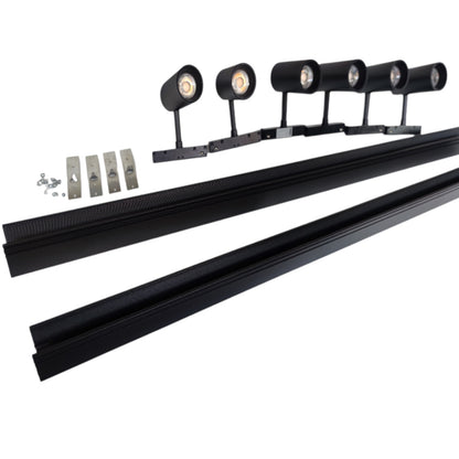 Black linear track lighting kit with four adjustable spotlight heads, two long track bars, and mounting brackets on a white background.