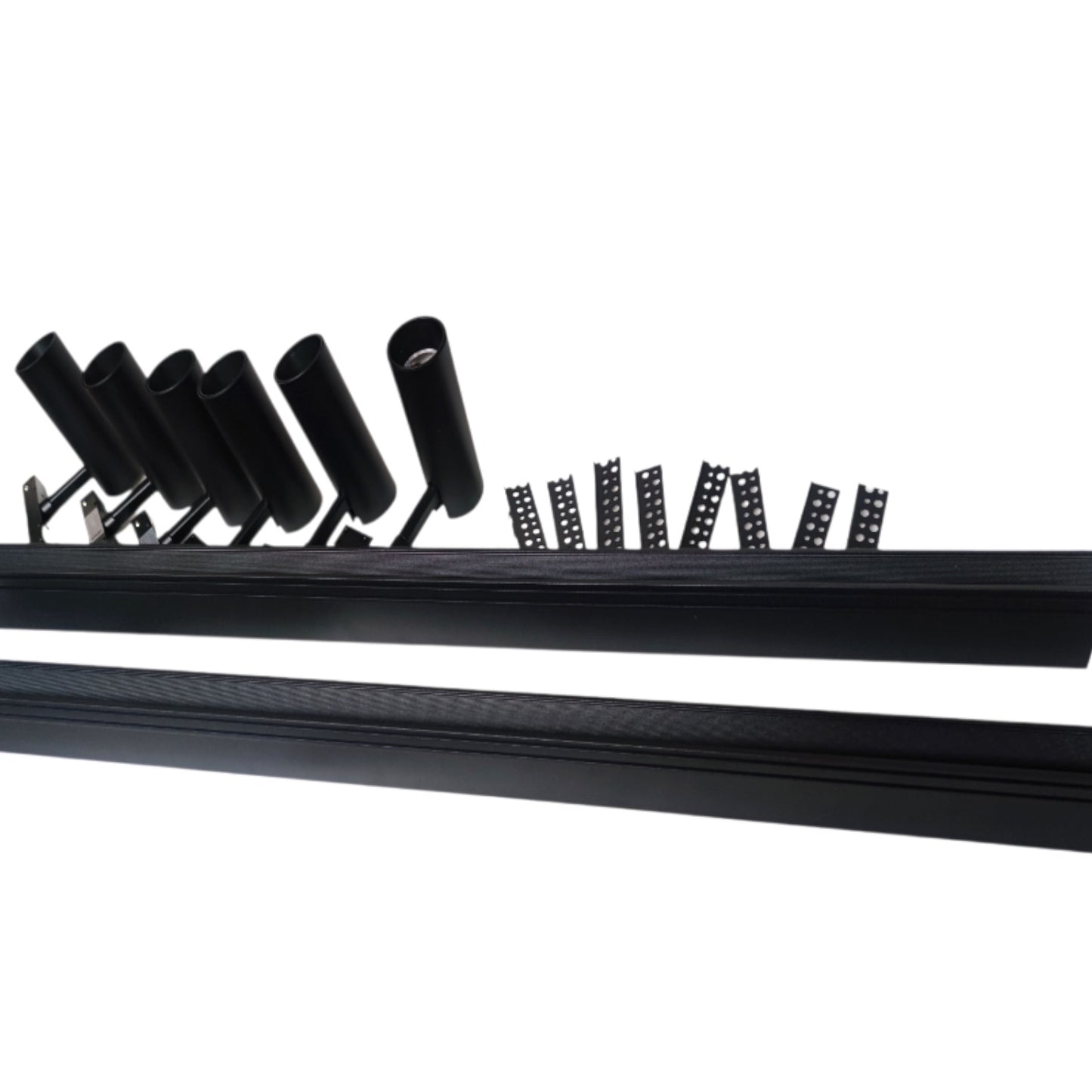 Black linear channel with multiple cylindrical roller arms and mounting brackets shown on a plain white background.