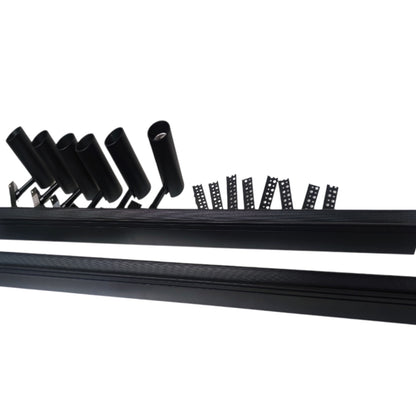 Black linear channel with multiple cylindrical roller arms and mounting brackets shown on a plain white background.