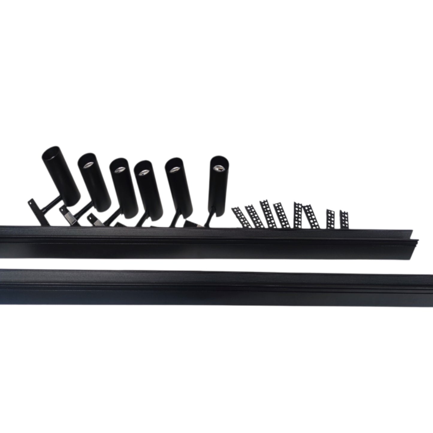 Black linear track lighting fixture with six adjustable cylindrical spotlight heads and mounting brackets, shown on a plain white background.