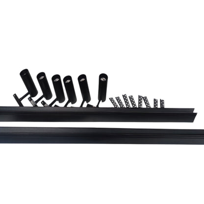 Black linear track lighting fixture with six adjustable cylindrical spotlight heads and mounting brackets, shown on a plain white background.