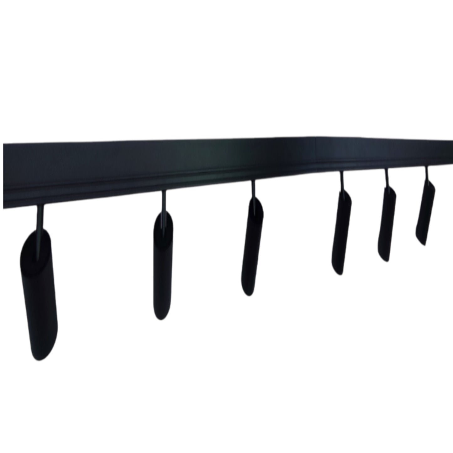 Black linear LED track light fixture with five hanging cylindrical spotlight heads, shown against a plain white background.