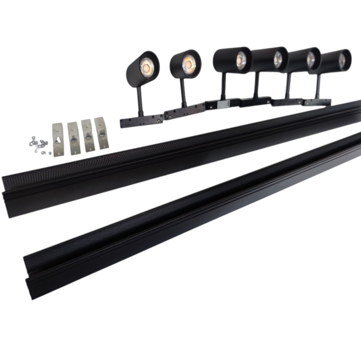 Black linear track lighting kit with four adjustable spotlight heads, two long track bars, and mounting brackets on a white background.