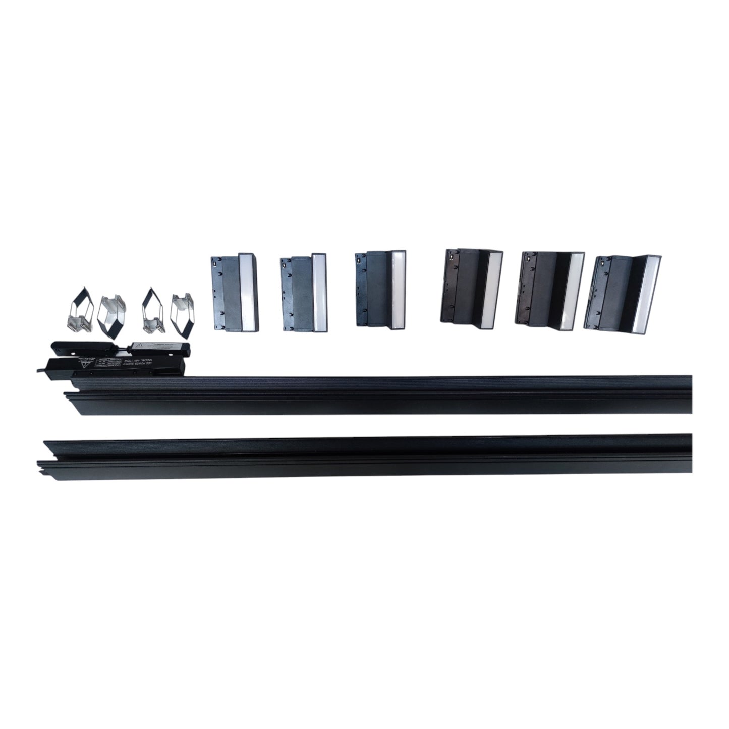 A set of black metal linear rails with various silver and black mounting brackets, clips, and hardware pieces arranged horizontally on a plain white background.