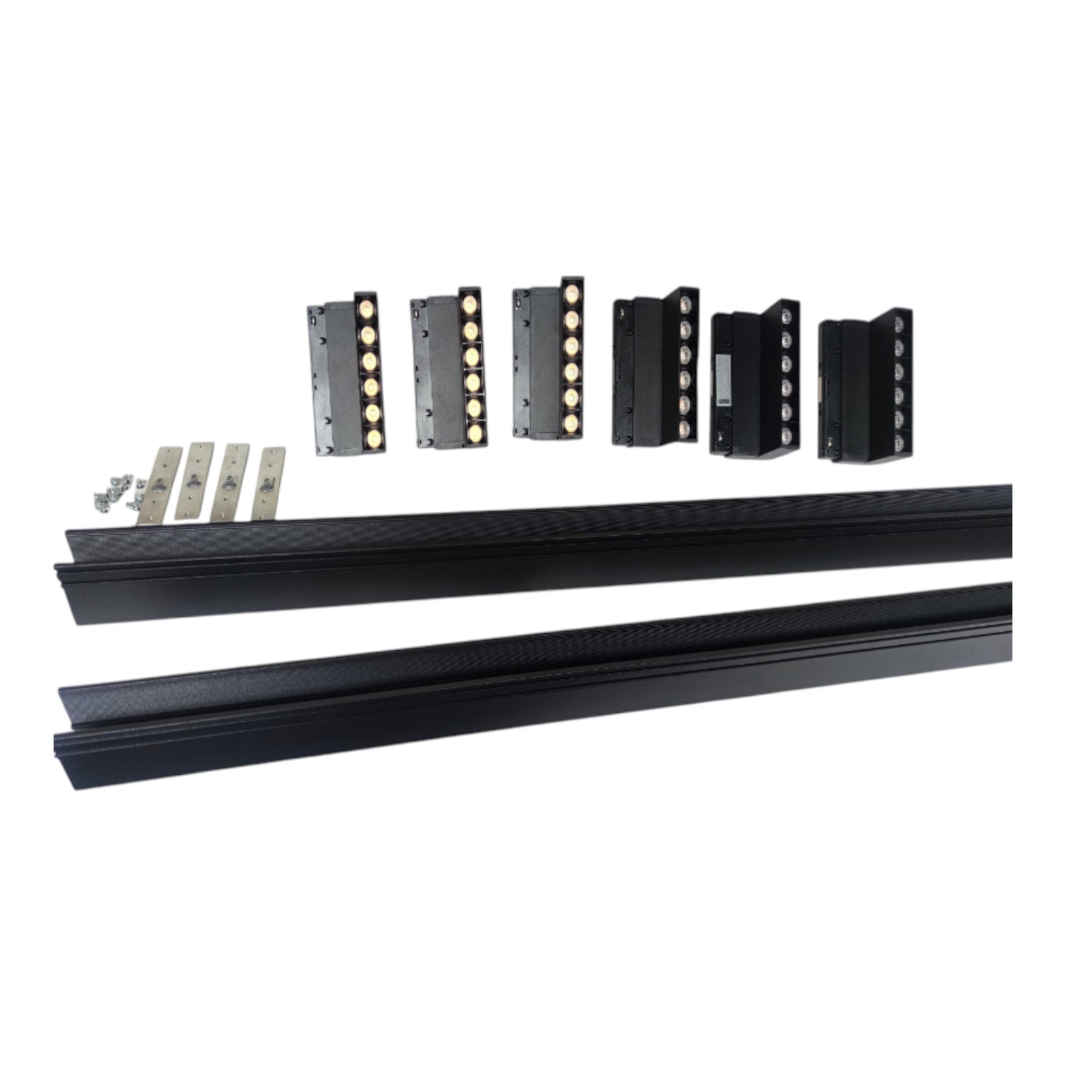 Black metal track profiles with integrated LED light strips, shown with mounting brackets and screws on a plain white background.