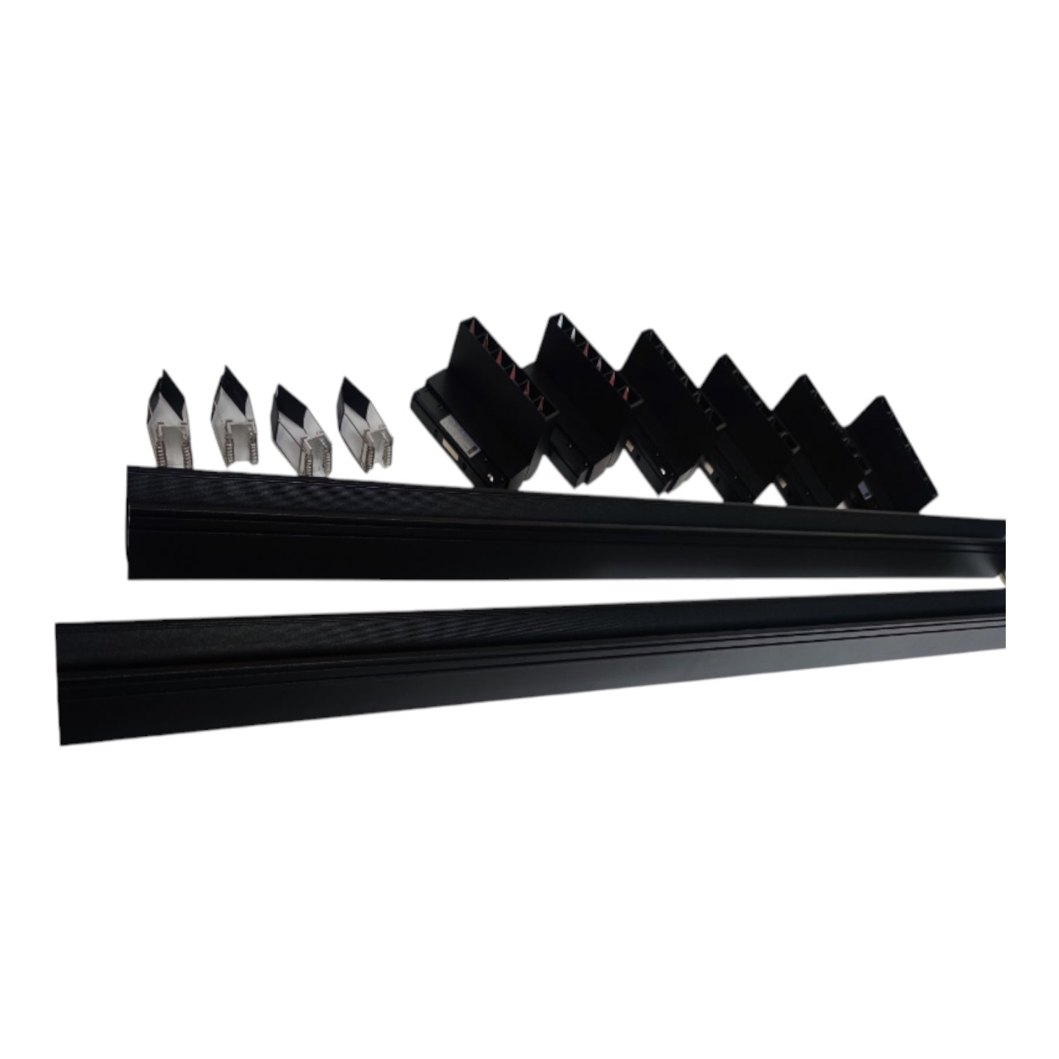 Black metal track profiles with multiple silver and black mounting brackets shown on a plain white background.