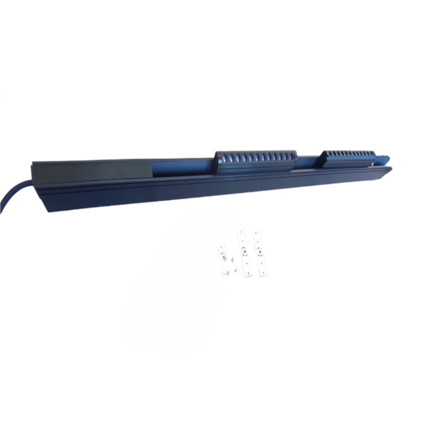 A long rectangular blue aquarium light fixture with a power cord and four small mounting brackets, shown on a plain white background.