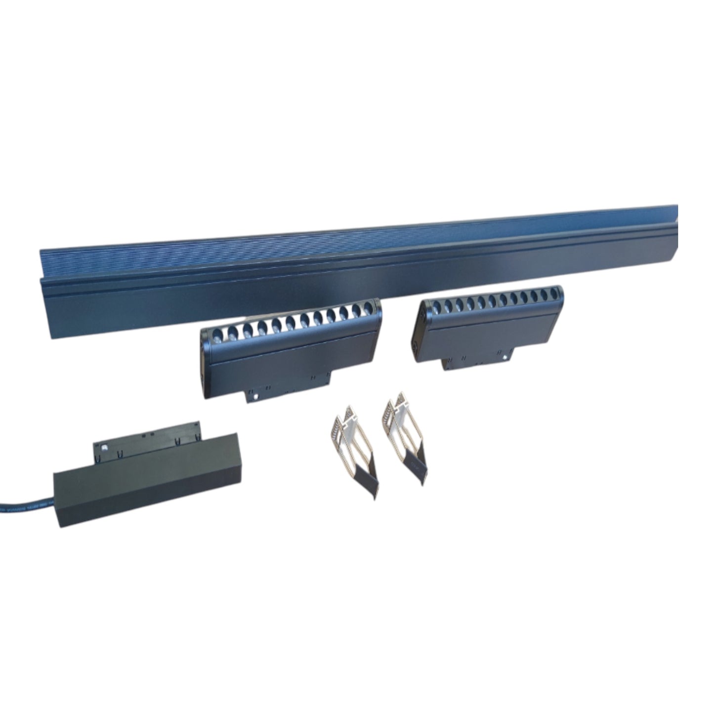 A set of dark blue and black electronic sensor or control components, including a long rectangular bar, two smaller rectangular units, a separate module with a wire, and two small metal clips, shown on a plain white background.