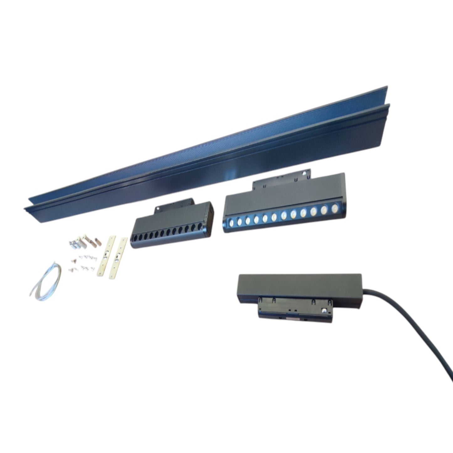 A multi-piece metal track lighting kit with a long blue aluminum channel, two black light modules with blue LED accents, a separate black control module with a black cable, mounting hardware, and zip ties, arranged on a plain white background.