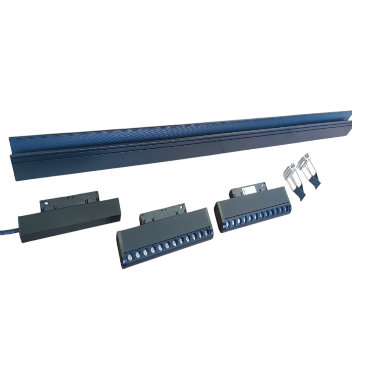 A set of dark blue and black linear motion guide rails with corresponding metal mounting brackets and small silver hardware pieces, displayed on a clean white background.