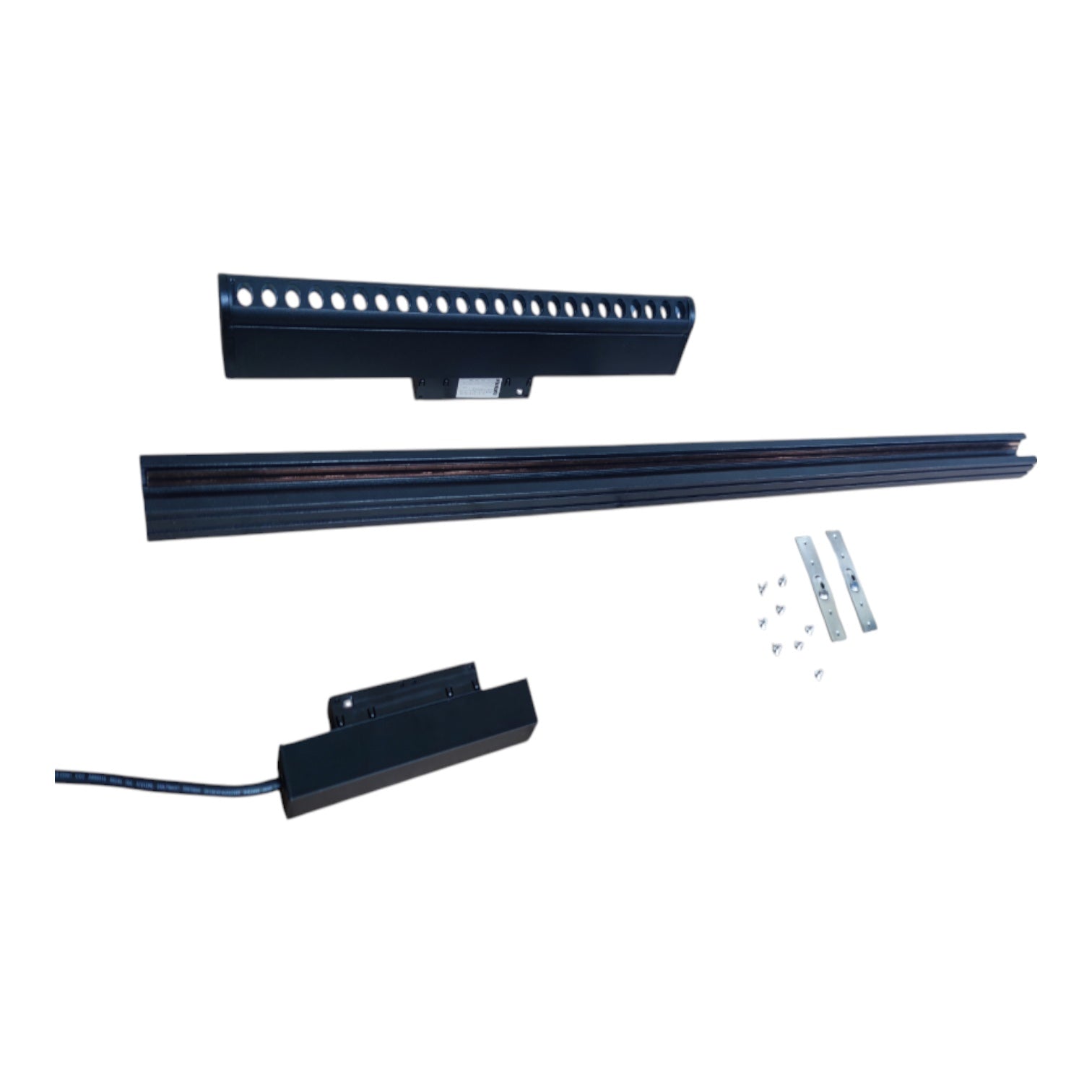 Black metal track lighting accessory kit with a long horizontal track, a mounting bracket, a control box with wire, and small silver screws and hardware, shown on a plain white background.