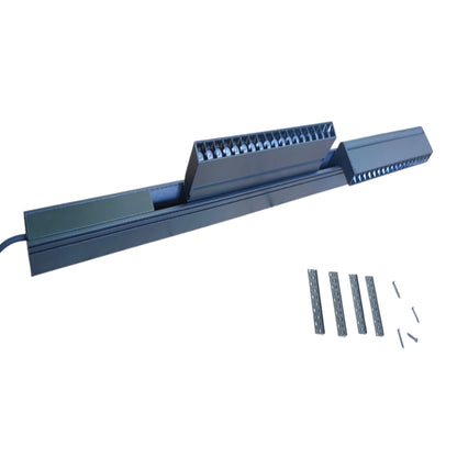A dark gray linear encoder module with its mounting strips and screws shown on a plain white background.