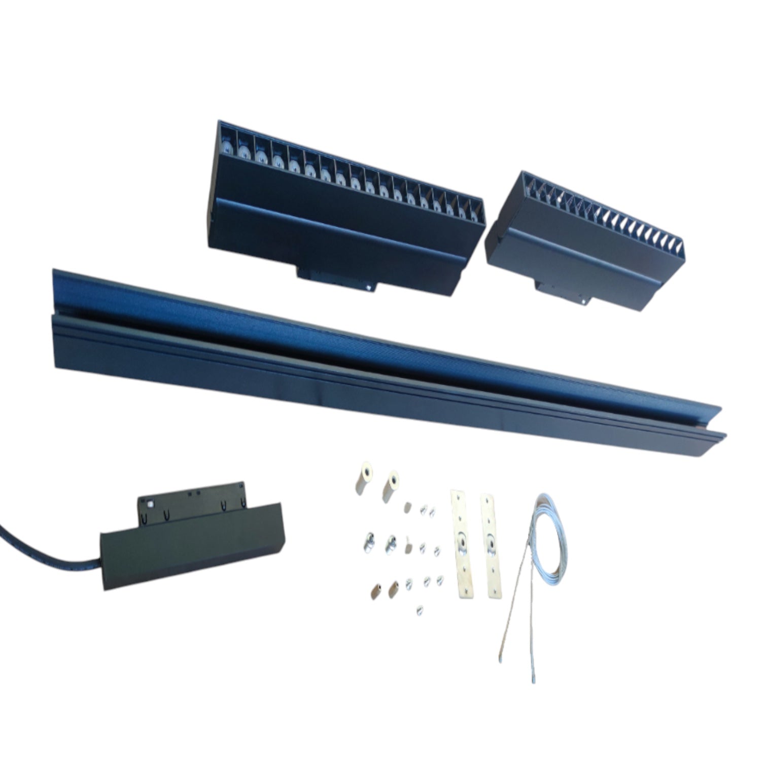 A metal track assembly kit with a long blue channel profile, two shorter matching pieces, a black electrical connector with a wire, mounting brackets, screws, and washers on a plain white background.