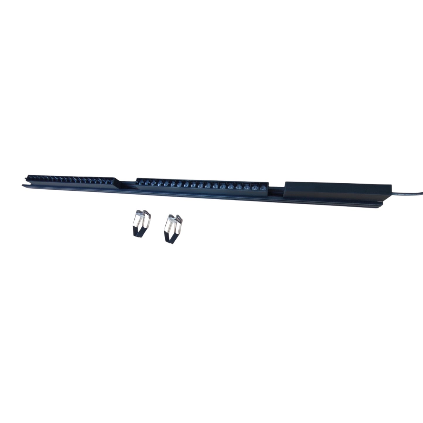 A long black electronic strip device with multiple small blue indicator lights, shown horizontally on a plain white background, with two small metal clips below it.